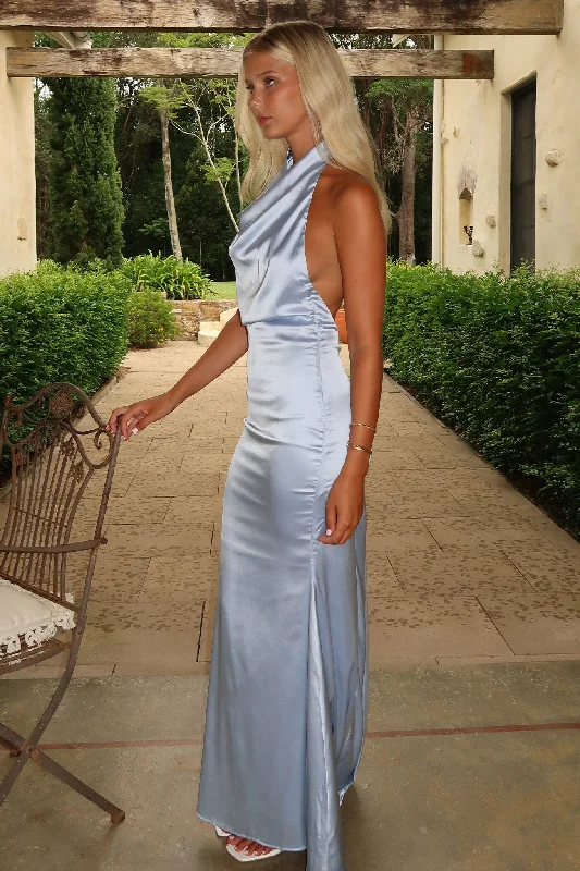 Casual yet chic women’s outfits for work or play Corwin Open Back Satin Maxi Dress - Blue Casual yet chic women’s outfits for work or play Corwin Open Back Satin Maxi Dress - Blue