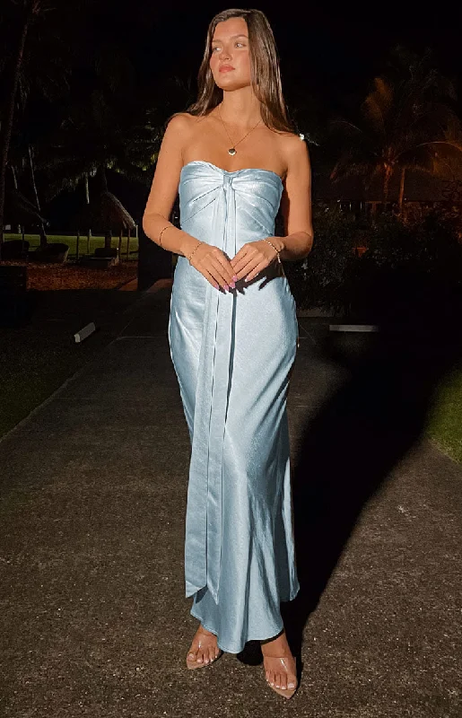 Perfect fashion pieces for the busy woman   Ariella Blue Satin Strapless Maxi Dress