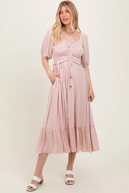 Statement pieces for the confident woman Light Pink Smocked Cinched Front Maxi Dress Statement pieces for the confident woman Light Pink Smocked Cinched Front Maxi Dress