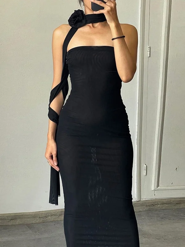 Bold, confident, and stylish women’s clothing Flower Choker Detail Strapless Mesh Maxi Dress Bold, confident, and stylish women’s clothing Flower Choker Detail Strapless Mesh Maxi Dress