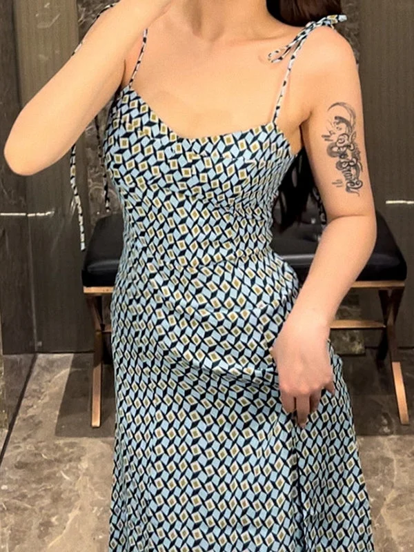High-fashion styles at affordable prices   Geometric Tie Strap Split Maxi Dress