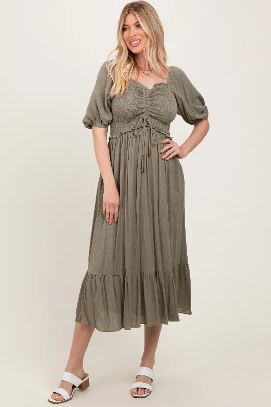 Luxurious fabrics and modern designs for women Olive Smocked Cinched Front Maxi Dress Luxurious fabrics and modern designs for women Olive Smocked Cinched Front Maxi Dress
