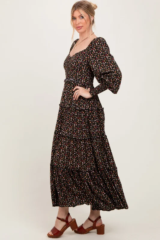 Feminine silhouettes for the modern woman   Black Floral Button Accent Bodice Tiered Maxi Dress