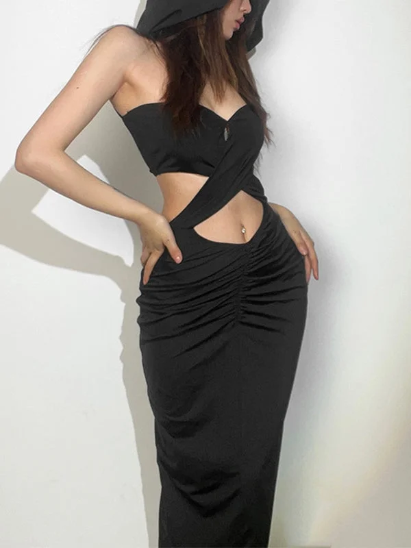 Feminine and fashionable clothing for every wardrobe Criss Cross Hooded Cutout Black Maxi Dress Feminine and fashionable clothing for every wardrobe Criss Cross Hooded Cutout Black Maxi Dress