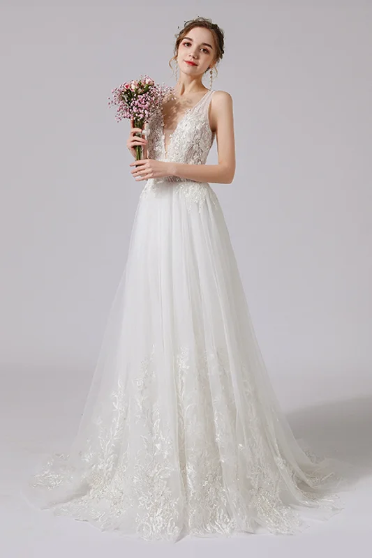 A-Line Sweep-Brush Train Lace Tulle Wedding Dress CW2709