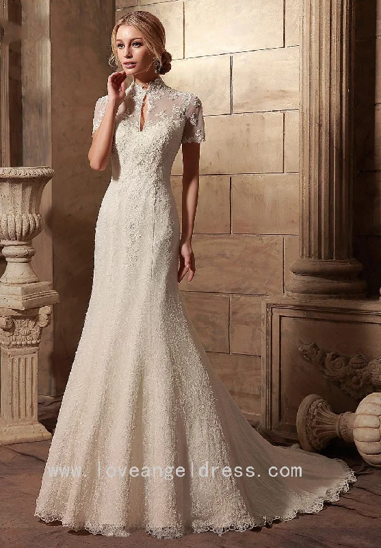 Sheer Short Sleeves Lace Vintage Wedding Gowns Dress with High Neck