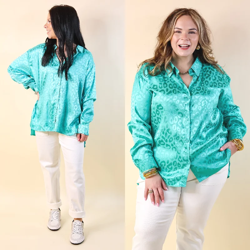 Top It Off Long Sleeve Button Up Satin Leopard Top in Turquoise Blue