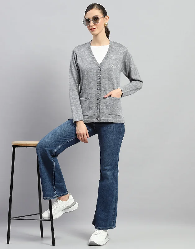 Women Grey Solid V Neck Full Sleeve Cardigan