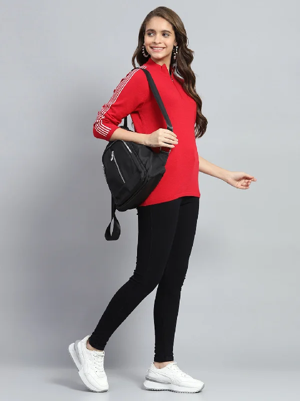 Women Red Solid Mock Neck Full Sleeve Pullover