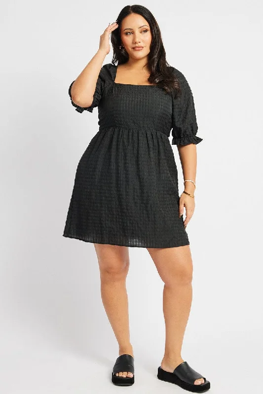 Black Check Babydoll Mini Dress