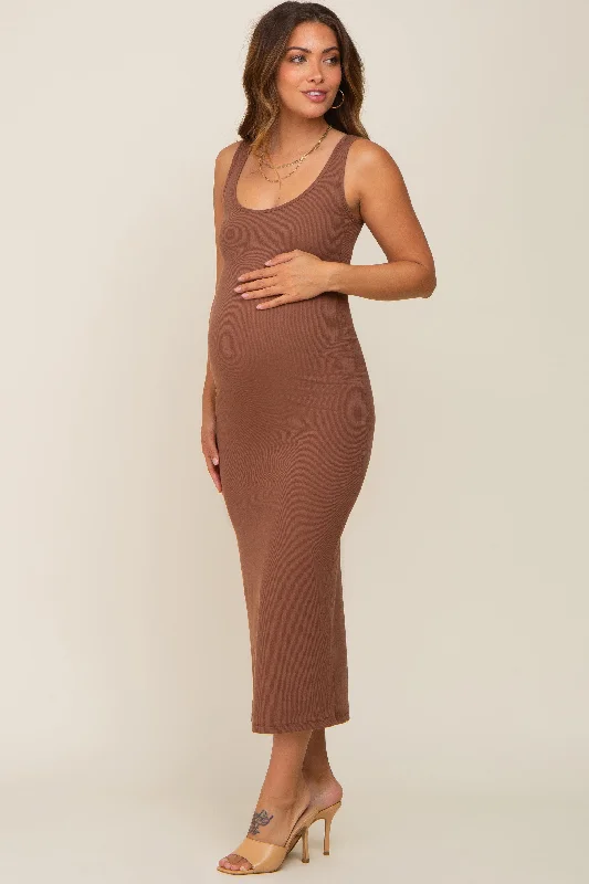 Brown Ribbed Basic Maternity Maxi Dress