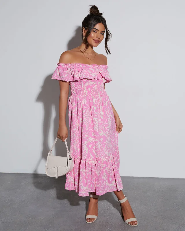 Levana Printed Off The Shoulder Midi Dress