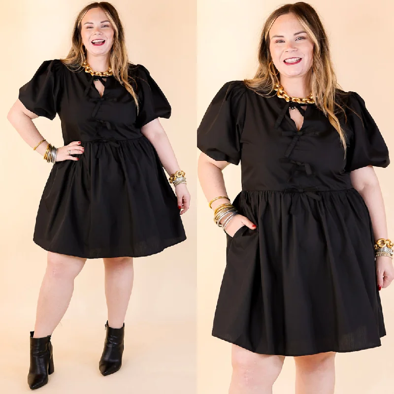 Short and Sweet Dress with Short Puff Sleeves and Bows in Black