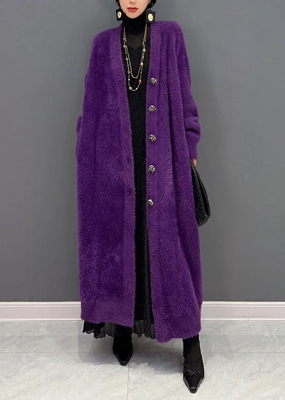 Modern Purple V Neck Oversized Thick Mink Hair Knitted Long Cardigan Winter